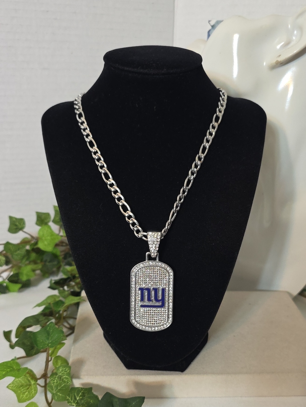 New York Giants NY Rhinestone Dog Tag Figaro Chain Necklace Stainless Steel 24"